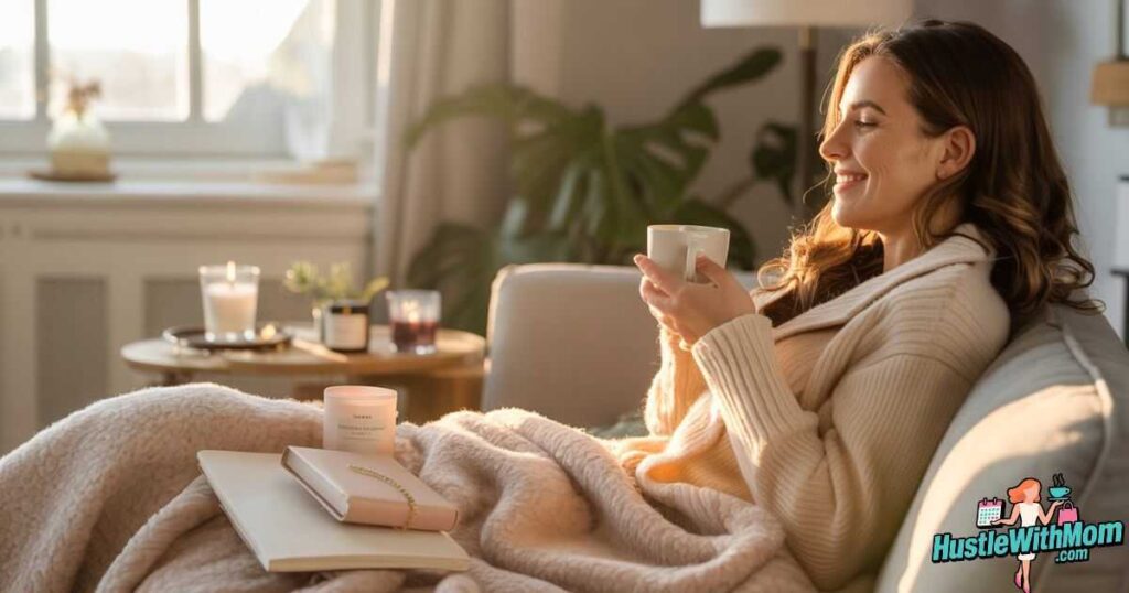 relaxed-woman-enjoying-long-lasting-benefits-of-self-care-gifts-like-candles-skincare-and-tea-in-a-cozy-living-room