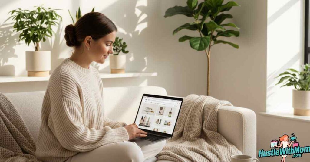 woman-choosing-the-best-self-care-gifts-online-in-a-cozy-modern-home-with-plants-candles-and-soft-blankets