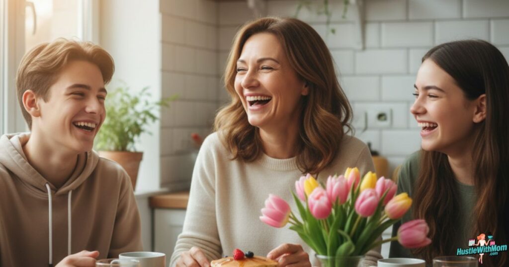 candid-real-photo-of-a-mom-laughing-with-her-kids-during-a-fun-mothers-day-breakfast.