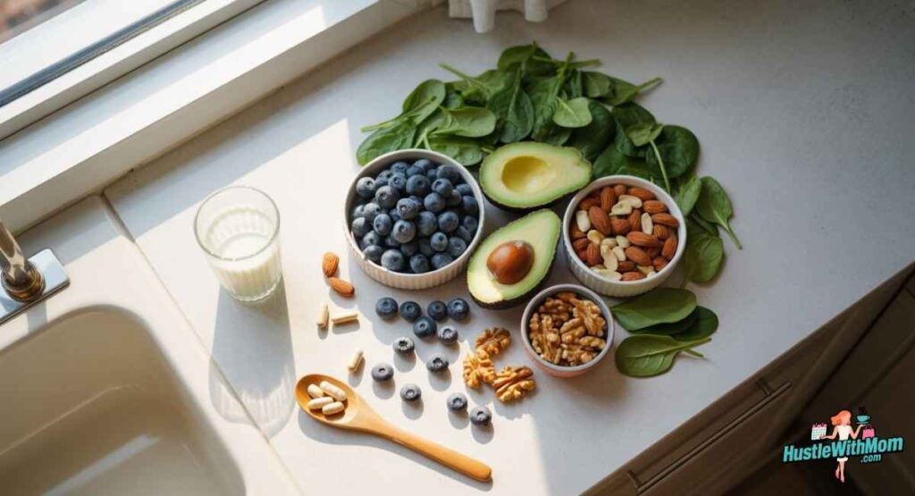 Healthy first trimester diet with prenatal vitamins and fresh foods.