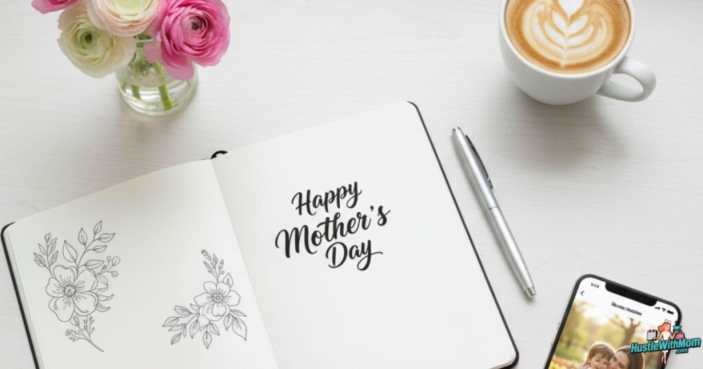flat-lay-image-showing-a-notebook-flowers-and-phone-used-to-share-mothers-day-quotes-and-captions