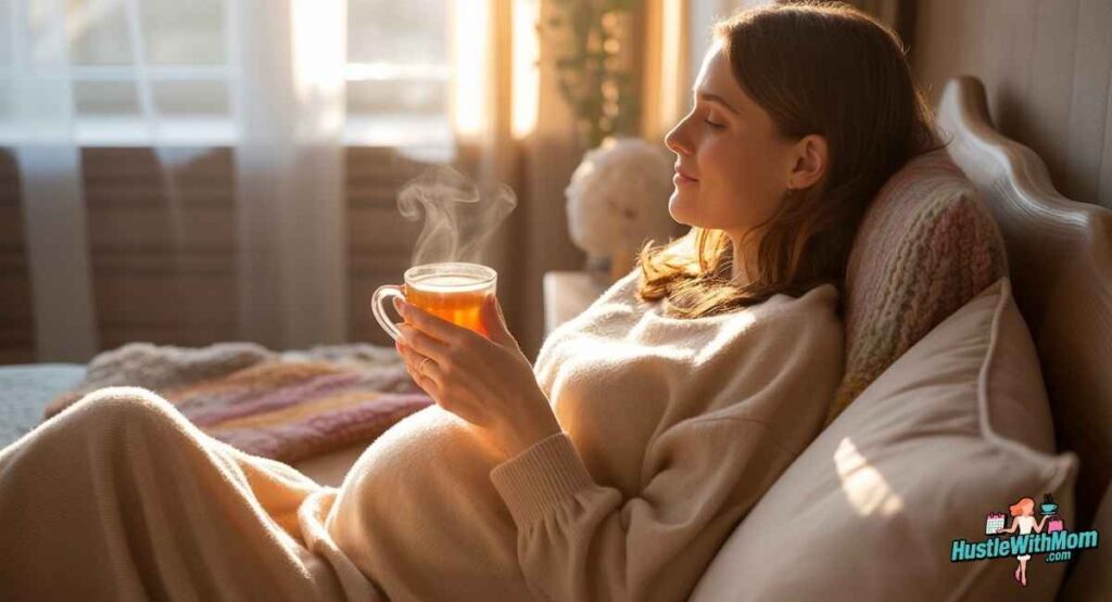 Pregnant woman drinking ginger tea to manage morning sickness.