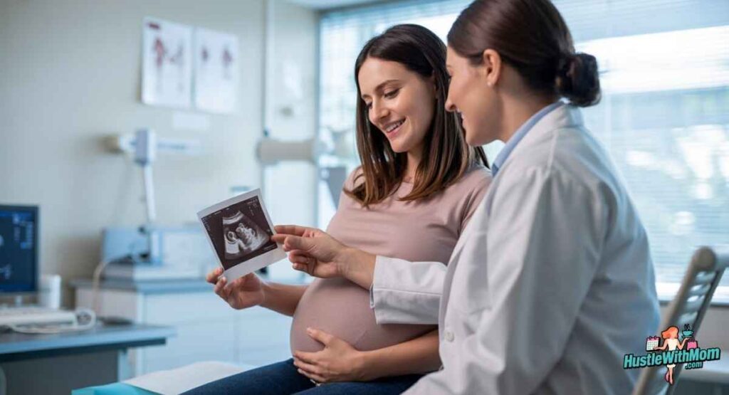 Doctor explaining early prenatal care during first trimester checkup.