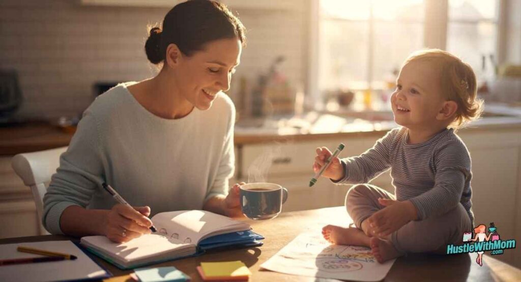 solo-parent-organizing-daily-schedule-with-child-symbolizing-thriving-in-solo-parenting.