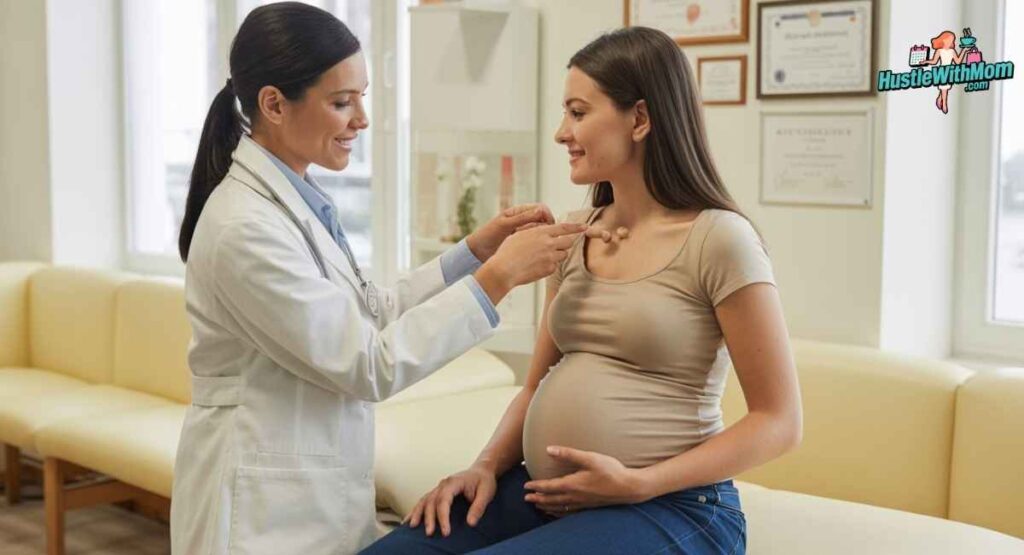 Dermatologist reassuring a pregnant woman that her skin tags are harmless and common during pregnancy.