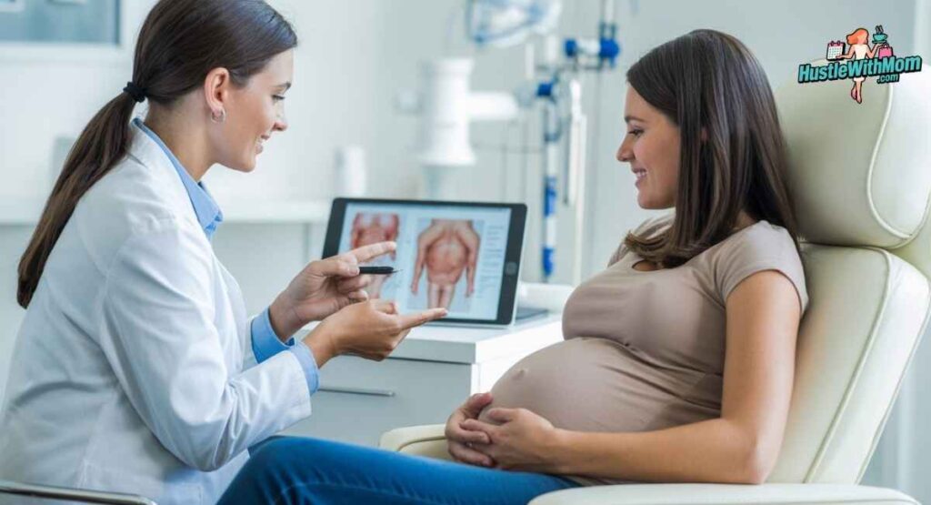 Doctor explaining safe skin tag removal options to a pregnant woman in a clinical setting.