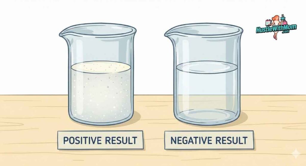 “Two glass cups shown side by side: one with cloudy mixture labeled ‘positive result’ and one with clear mixture labeled ‘negative result.