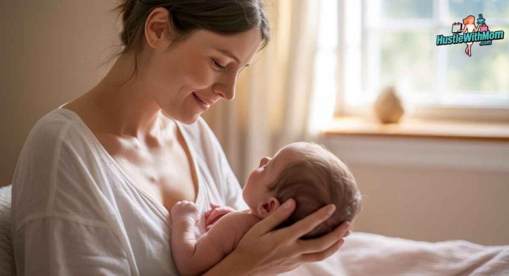 Postpartum mother holding her baby while showing improved skin after pregnancy-related skin tags shrink.