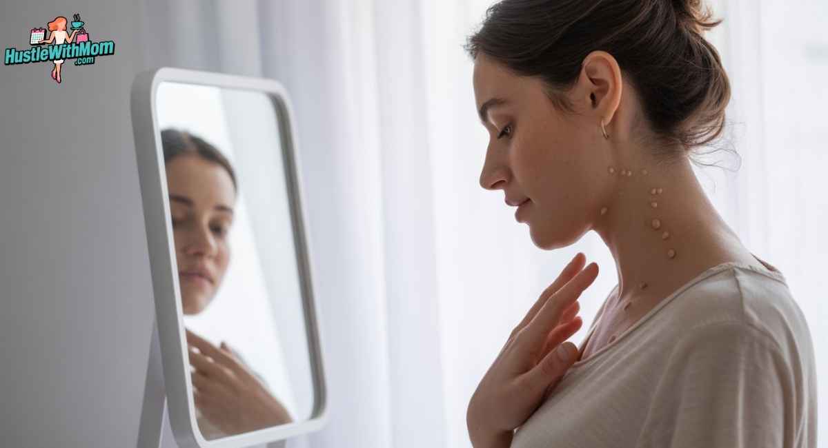 “Pregnant woman looking in the mirror with small skin tags on her neck, illustrating shocking facts about skin tags during pregnancy.”