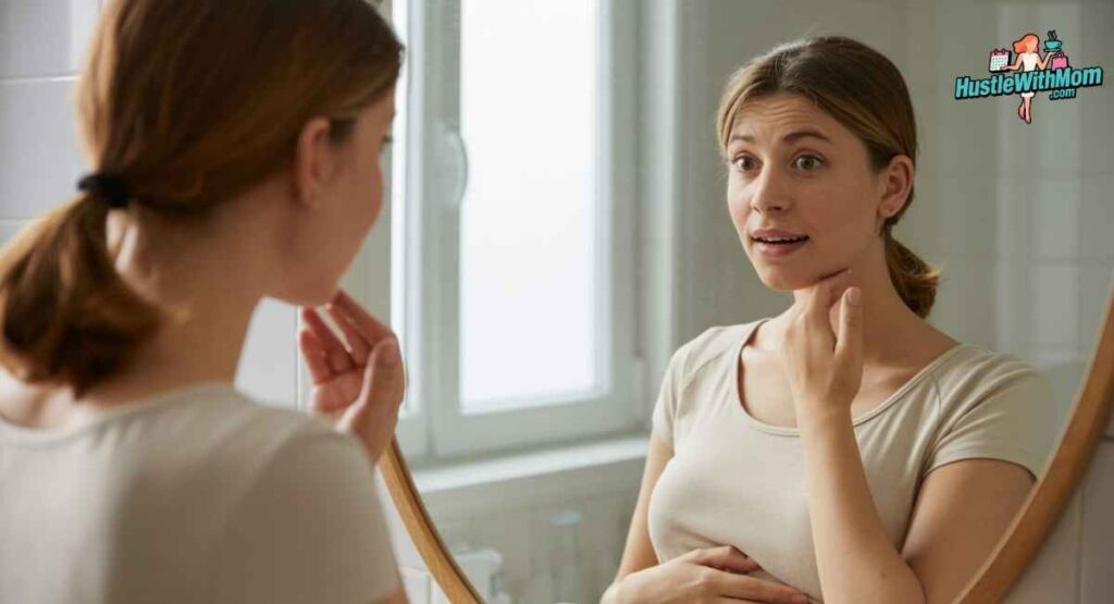 Pregnant woman noticing a new skin tag on her neck, showing how skin tags can appear suddenly during pregnancy.