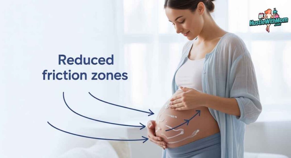 Pregnant woman practicing safe skincare and wearing soft clothing to prevent skin tags during pregnancy.