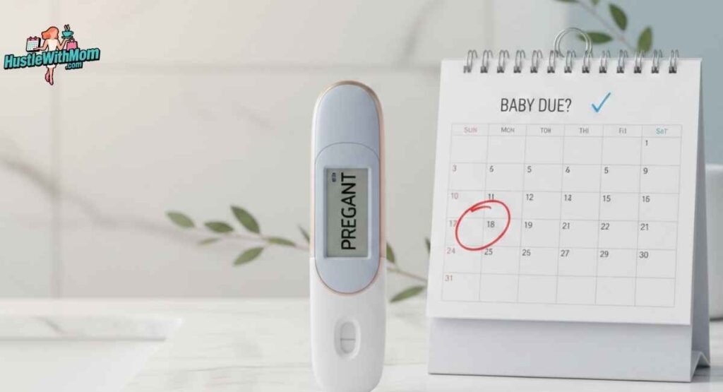 A modern home pregnancy test and a calendar next to it, symbolizing accurate pregnancy confirmation options, soft medical-style lighting, clean and positive aesthetic.