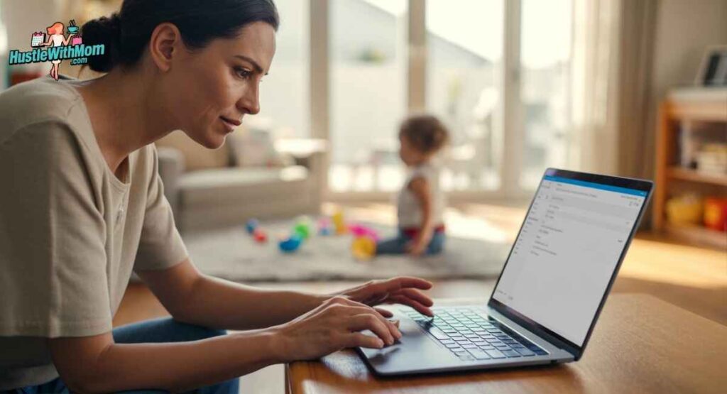 A calm parent typing a short, professional message on a laptop while a child plays nearby, illustrating effective communication strategies when co parenting with a narcissistic parent.