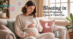 Pregnant woman in first trimester gently holding her belly, smiling softly, cozy home setting, soft natural lighting, subtle infographic icons showing digestion and hormones, calm pastel colors, text overlay space: ‘Bloating in Early Pregnancy: Causes & 7 Relief Tips.