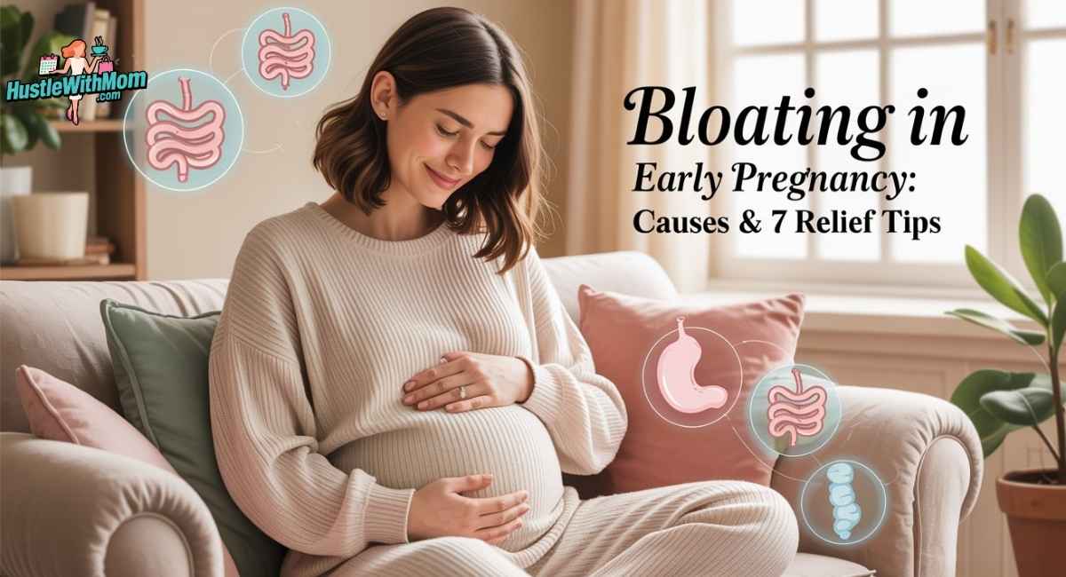 Pregnant woman in first trimester gently holding her belly, smiling softly, cozy home setting, soft natural lighting, subtle infographic icons showing digestion and hormones, calm pastel colors, text overlay space: ‘Bloating in Early Pregnancy: Causes & 7 Relief Tips.