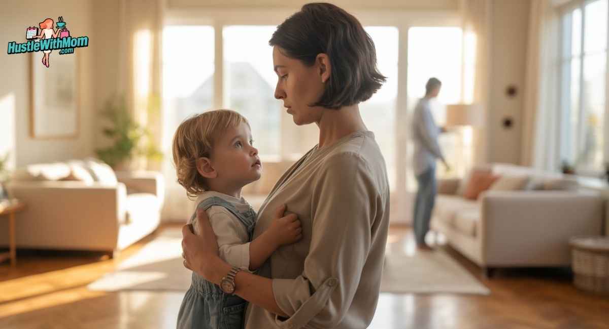 A confident parent holding a child’s hand in a bright, safe home, with a faint shadow of a difficult ex-parent in the background, symbolizing control and conflict being managed.