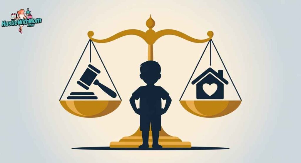 Visual showing a balanced scale with a child in the center, icons for legal custody and physical custody on each side, clean and modern style