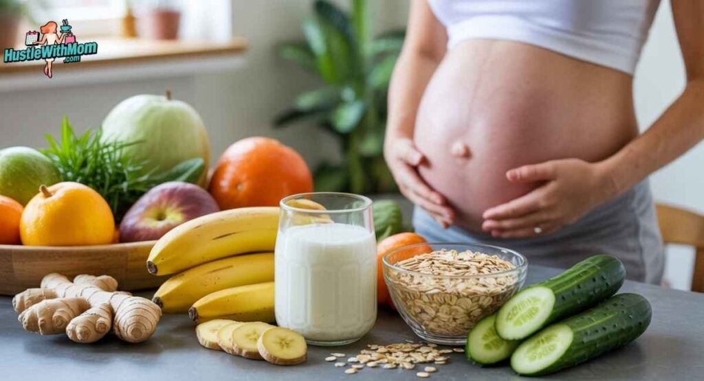 Healthy foods arranged on a table for pregnant women: ginger, bananas, yogurt, oats, cucumbers, colorful fresh produce, soft natural lighting, infographic-style, gentle and calming tone, showing foods that help reduce bloating safely.