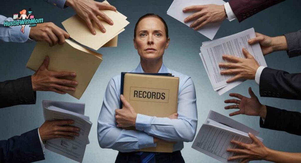 A composed parent holding a folder labeled “Records” while shadowy hands reach for it, representing handling manipulation and false accusations in co parenting with a narcissist.