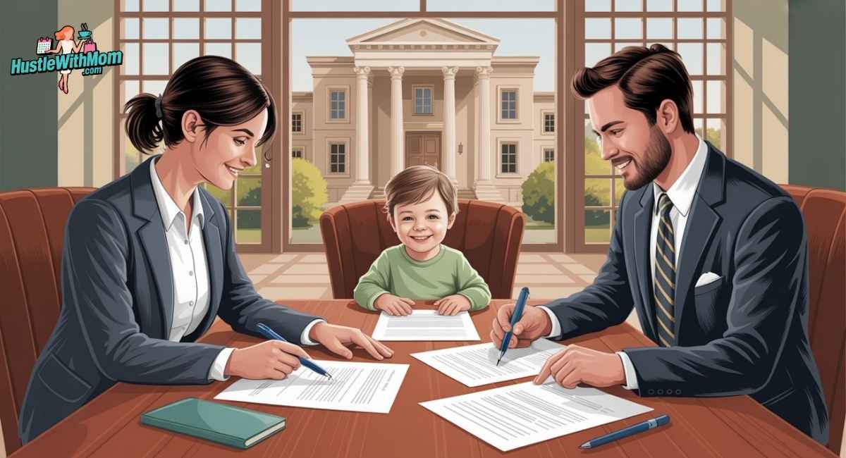 A realistic illustration of two parents calmly reviewing a parenting plan at a table with a child smiling nearby, courthouse in the background, warm natural lighting, professional and trustworthy tone