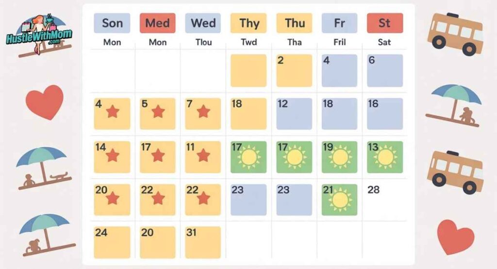 Calendar-style illustration showing weekdays, weekends, holidays, and summer breaks marked clearly, family-focused and easy-to-understand design
