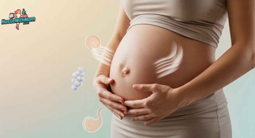 Close-up of a pregnant woman’s midsection with a slight belly bulge, hands resting on stomach, subtle visual icons showing bloating, gas, fullness, and abdominal pressure, soft neutral background, health-focused illustration
