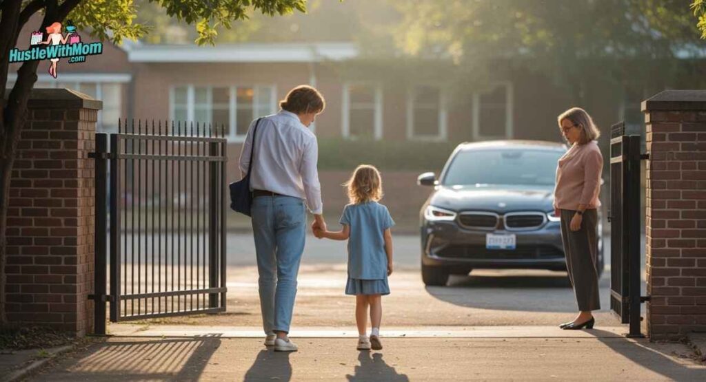 Two parents interacting indirectly while dropping off a child at school, showing parallel parenting as a way to reduce conflict with a narcissistic co-parent.