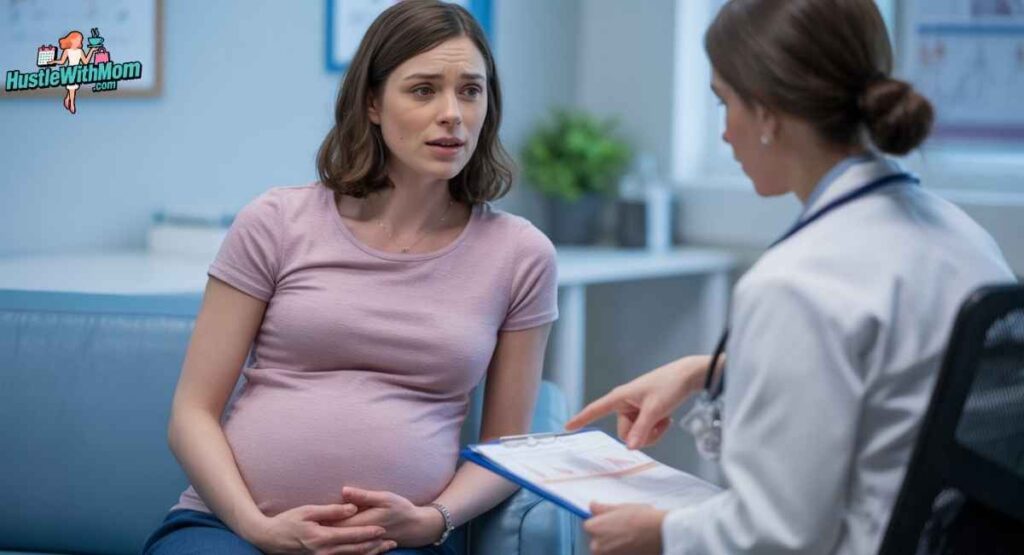 Pregnant woman sitting with a healthcare professional, talking and looking concerned but calm, doctor pointing at a chart, clinic environment, soft lighting, informative and supportive atmosphere, illustration style emphasizing early pregnancy care.
