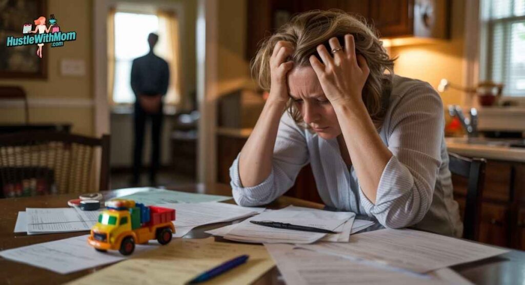 A stressed parent sitting at a table with paperwork and toys nearby, looking frustrated while a shadowy figure of the ex-parent looms in the background, showing the challenges of co parenting with a narcissist.