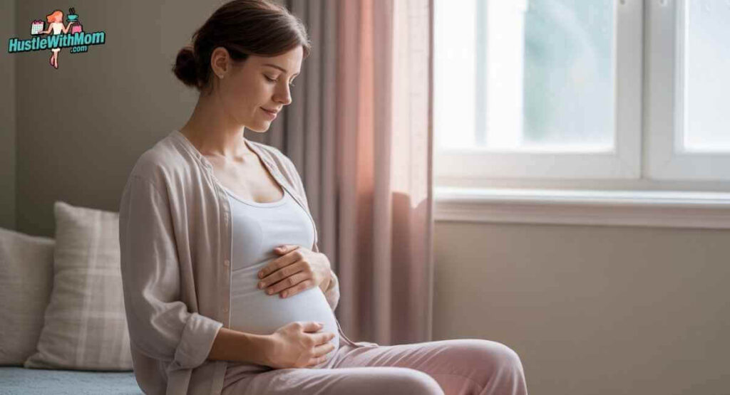 Calm postpartum mother sitting by window in peaceful moment reflecting on mental health and body image