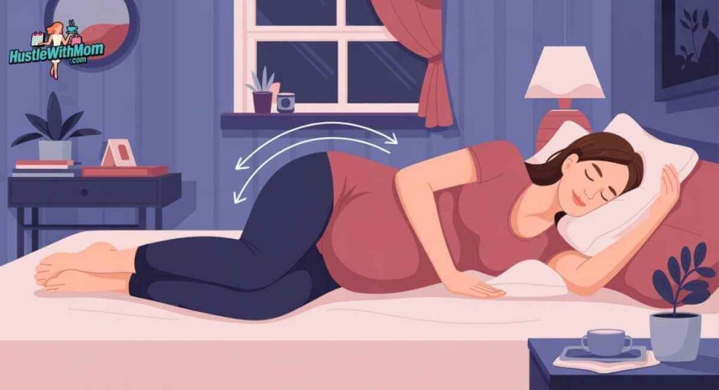 Pregnant woman sleeping on side with pillows between knees and ankles for SI joint pain relief and proper alignment