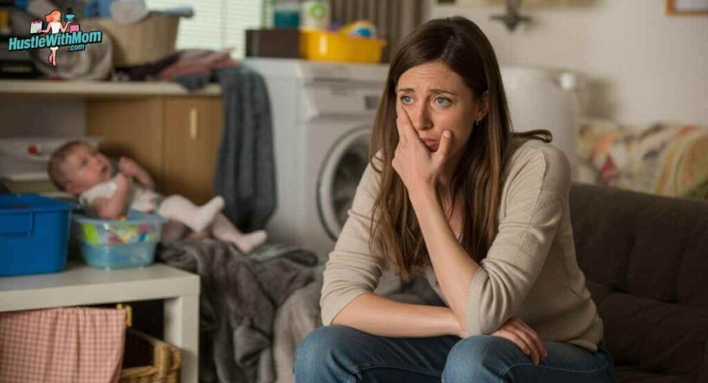 Tired new mother sitting in a messy home environment showing postpartum stress and overwhelm
