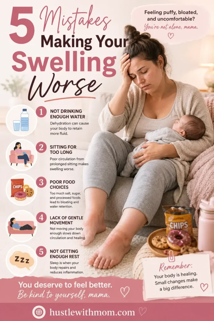 New mom making common postpartum recovery mistakes that increase swelling.