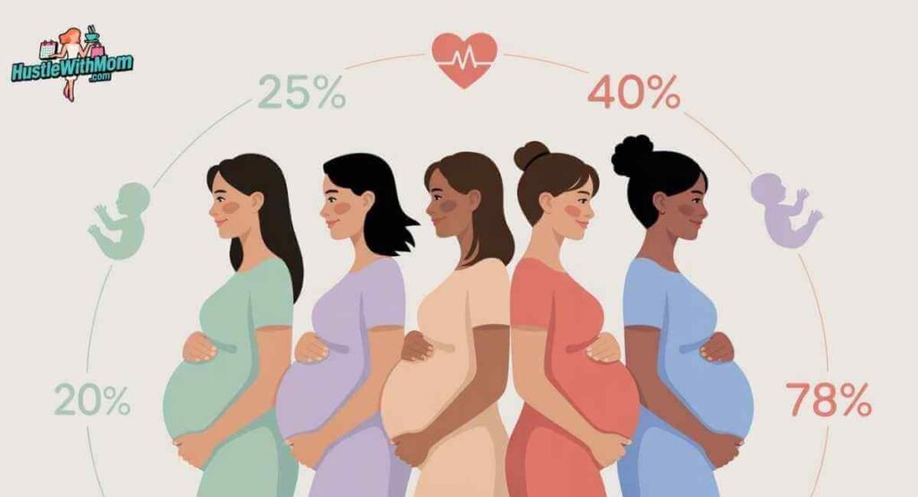 Diverse pregnant women with infographic showing statistics of SI joint pain and pelvic pain during pregnancy