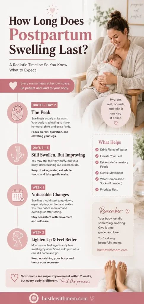 Postpartum recovery timeline showing how long leg swelling usually lasts after childbirth.