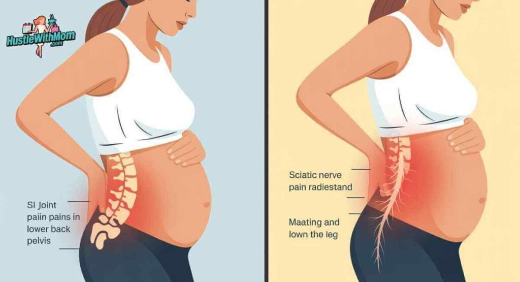 Comparison image of SI joint pain vs sciatica in pregnancy highlighting lower back pelvic pain and nerve pain down leg