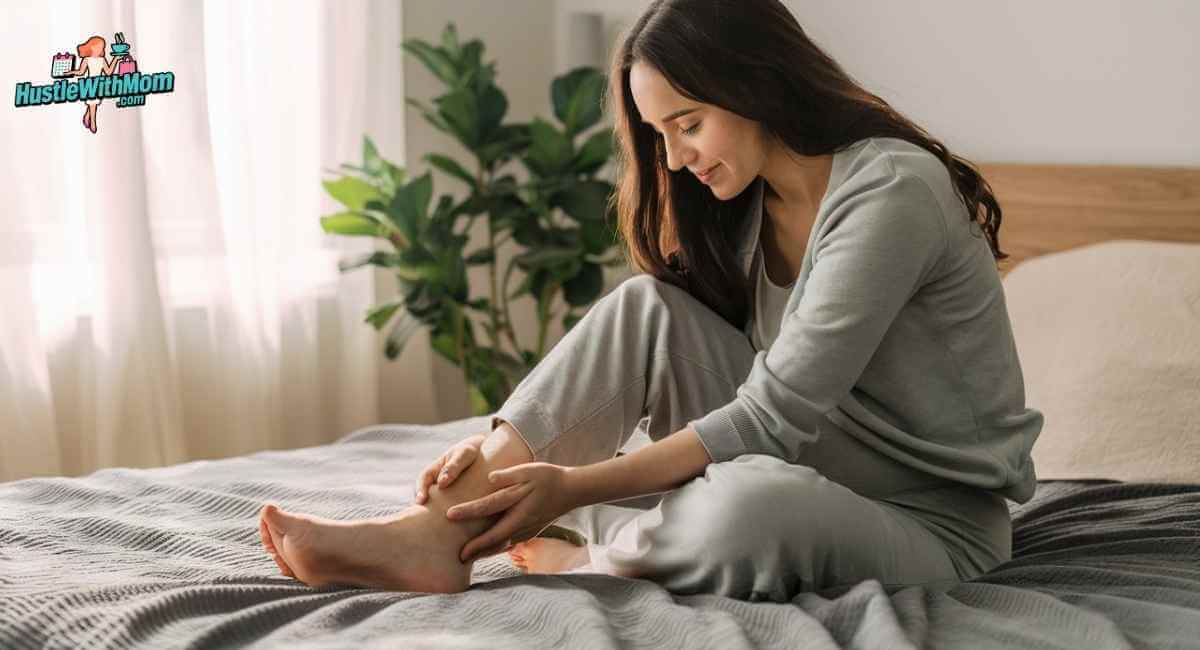 Postpartum leg swelling in new mother showing swollen feet and ankles after childbirth at home
