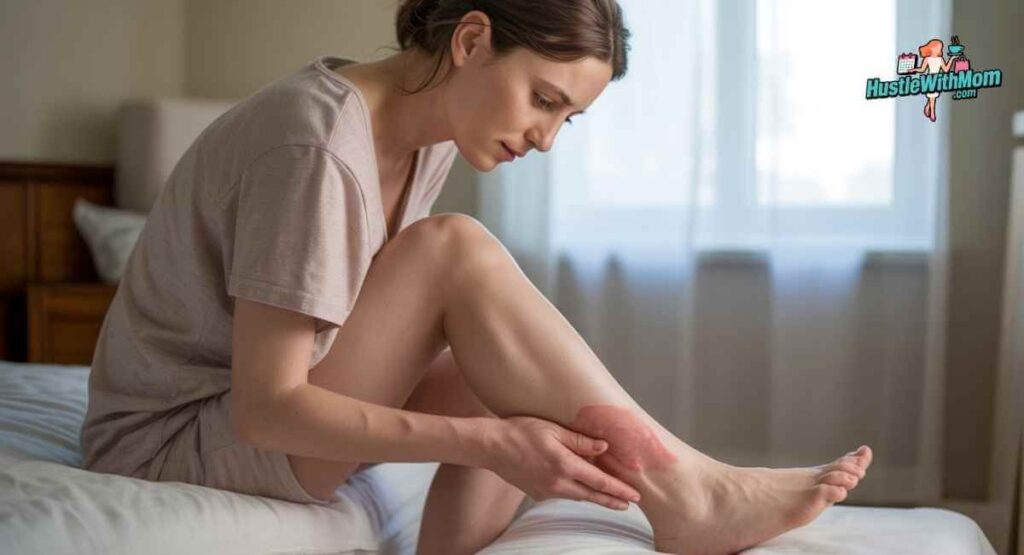 Woman checking swelling in feet and ankles at home after pregnancy for postpartum recovery monitoring