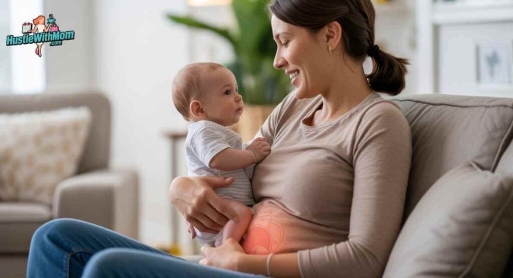 New mother holding baby showing postpartum SI joint pain recovery and pelvic healing after pregnancy