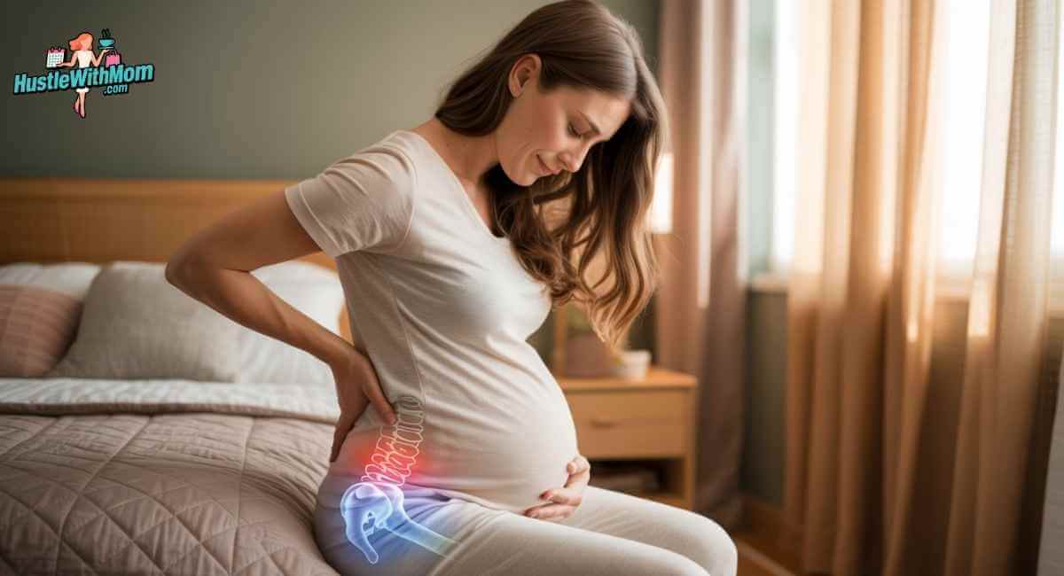 Pregnant woman holding lower back pain with highlighted SI joint area showing sacroiliac joint discomfort during pregnancy