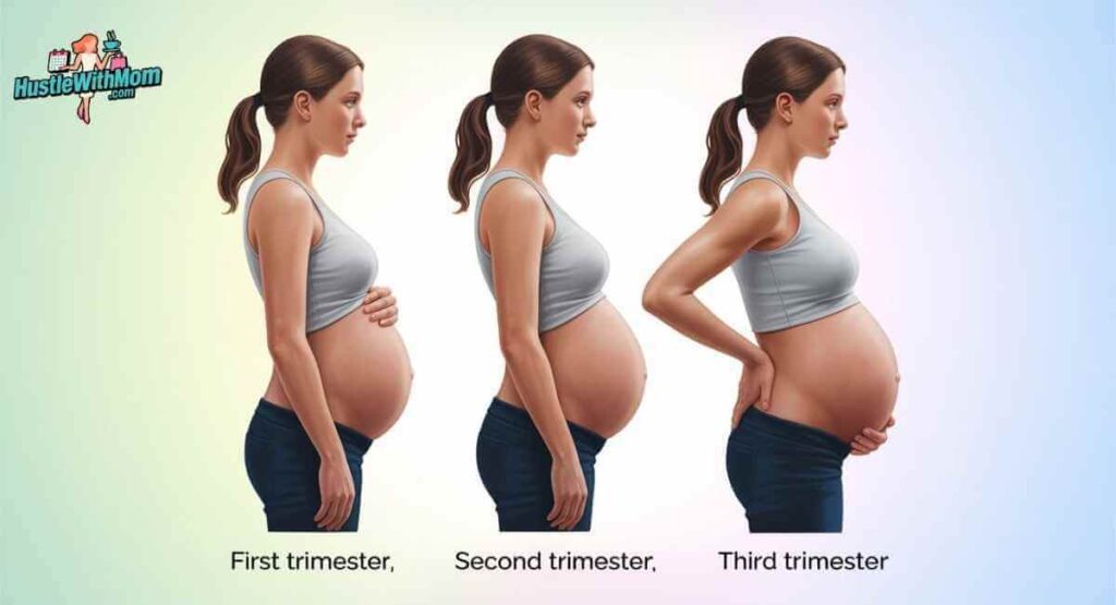 Pregnancy stages showing SI joint pain changes across first second and third trimester with posture differences
