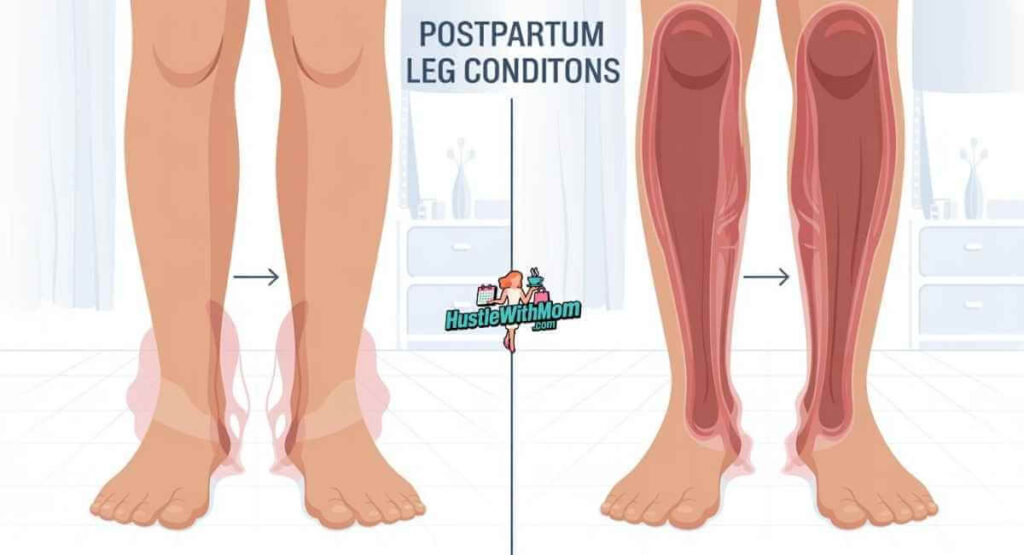 Medical comparison illustration showing normal postpartum leg swelling versus severe swelling warning signs