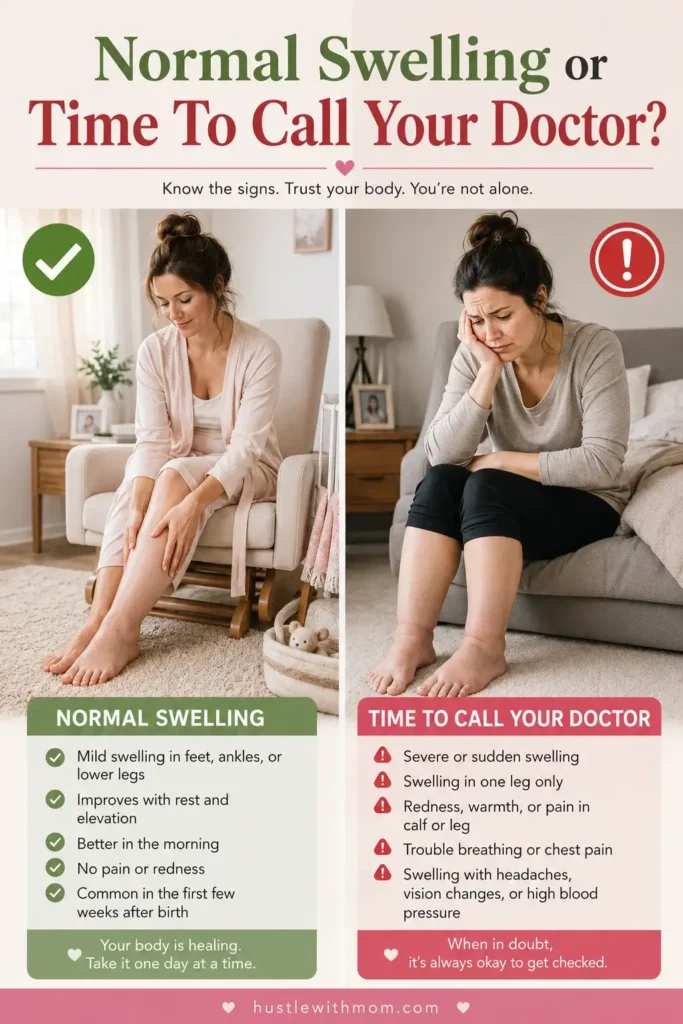Comparison of normal postpartum swelling versus symptoms requiring medical attention.