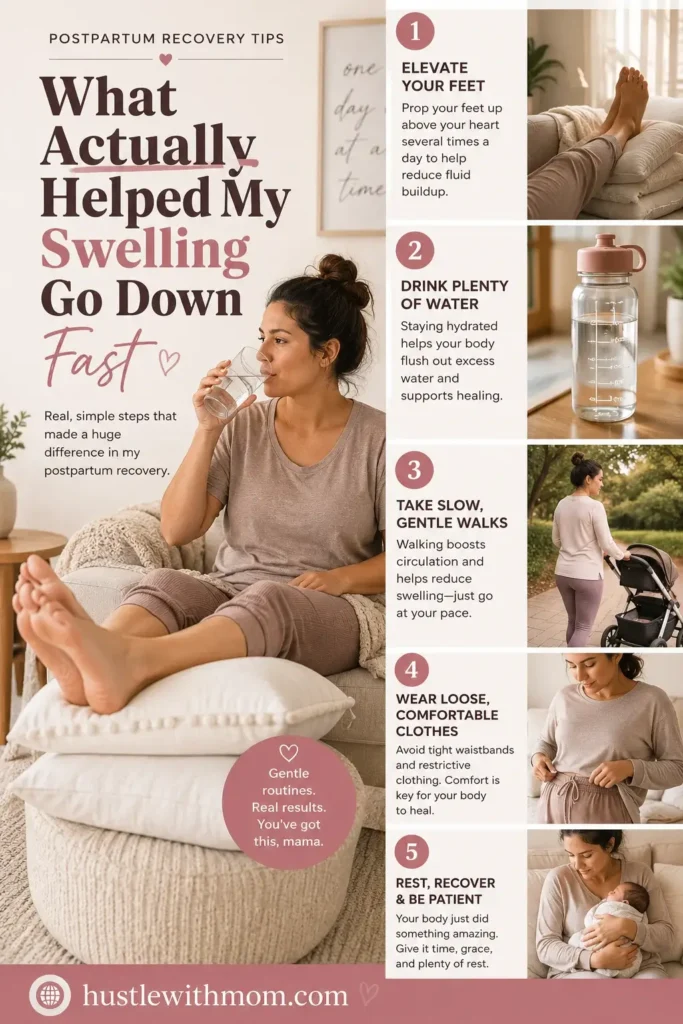 Postpartum mom following simple steps to reduce leg swelling after pregnancy.