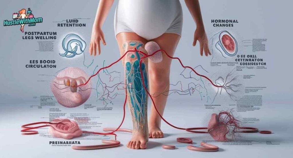 Causes of leg swelling after pregnancy including fluid retention and hormonal changes illustrated in medical style