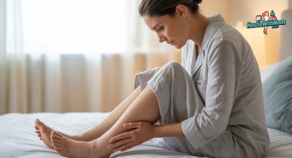 New mother sitting on bed touching swollen ankles after pregnancy in soft natural light
