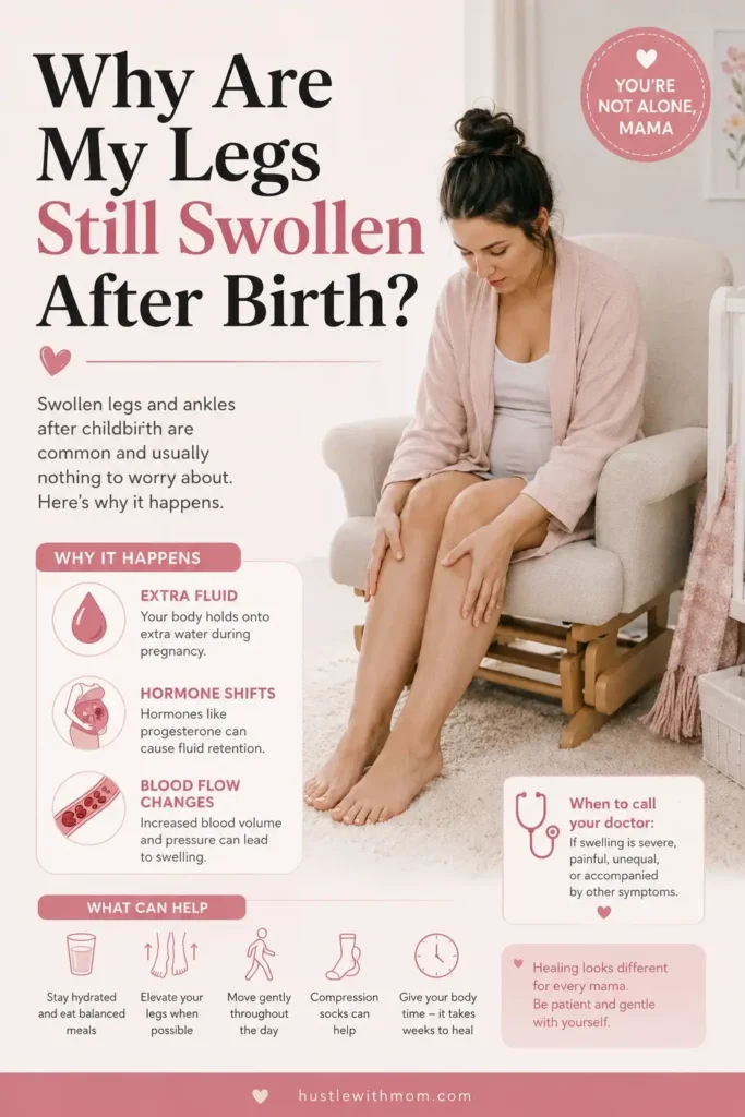 Postpartum mother learning the causes of leg swelling after childbirth.
