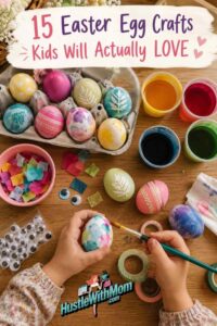 Colorful Easter egg crafts for kids laid out on a kitchen table with dye cups, washi tape, and painted eggs in natural light