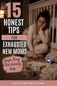 Exhausted new mom sitting beside baby crib at night with emotional expression and text overlay about honest tips for tired moms.
