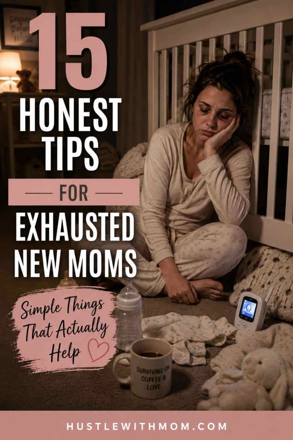 Exhausted new mom sitting beside baby crib at night with emotional expression and text overlay about honest tips for tired moms.